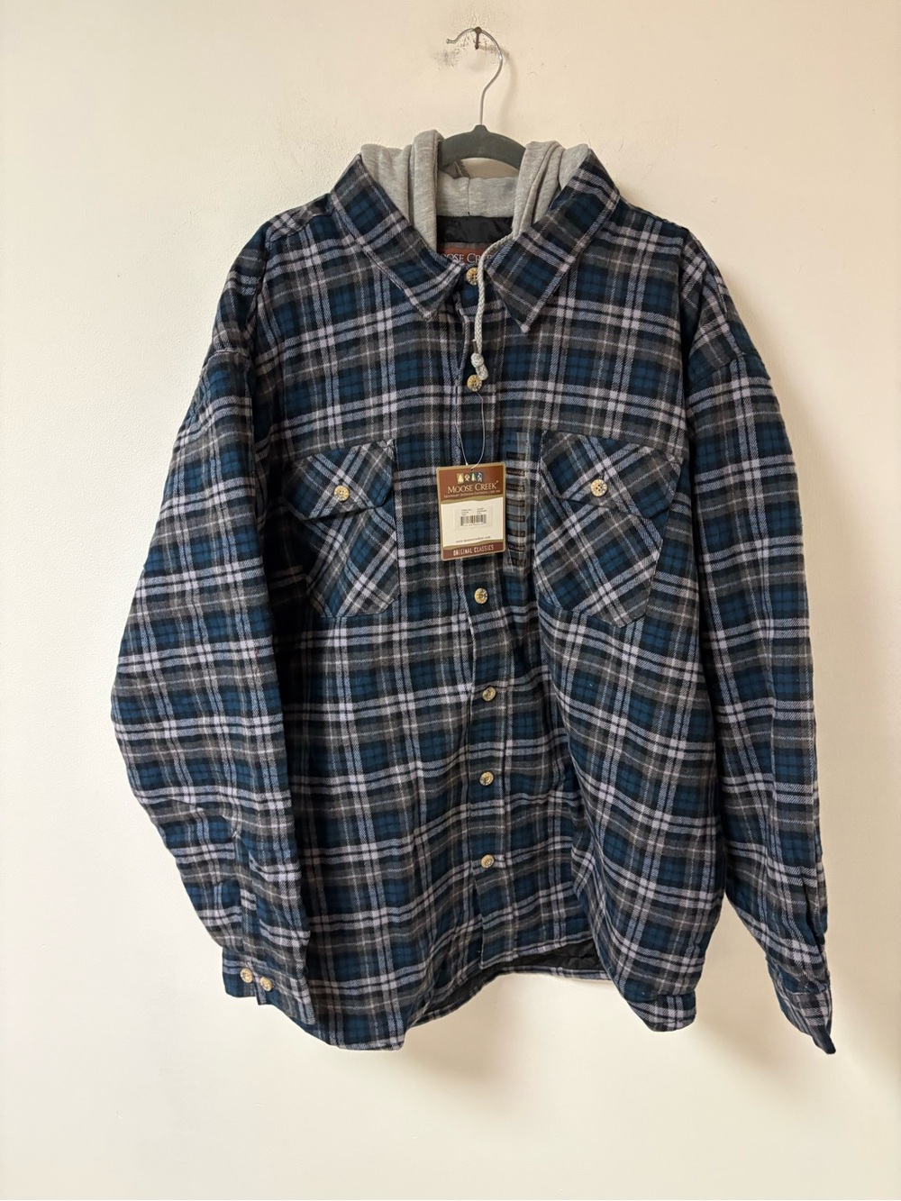 Moose Creek Men’s Plaid Hooded Button-Up Shacket in Blue and Gray XXL NWT - Picture 2 of 12